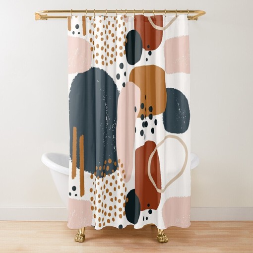 Abstract Art Watercolor Shower Curtain with Rustic Colors, Geometric Shapes, Boho Style