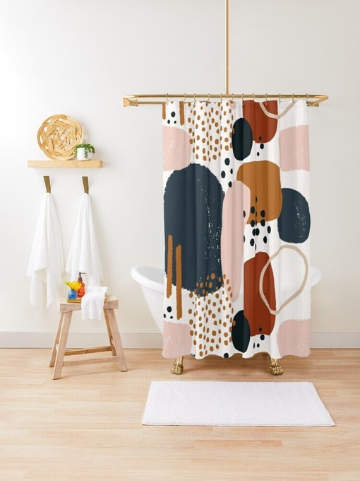 Abstract Art Watercolor Shower Curtain with Rustic Colors, Geometric Shapes, Boho Style - Image 2