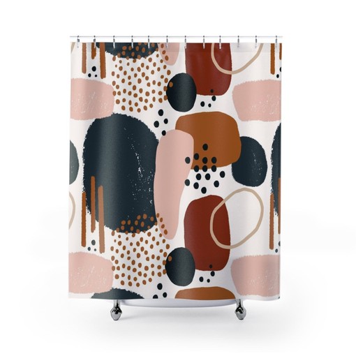 Abstract Art Watercolor Shower Curtain with Rustic Colors, Geometric Shapes, Boho Style - Image 3