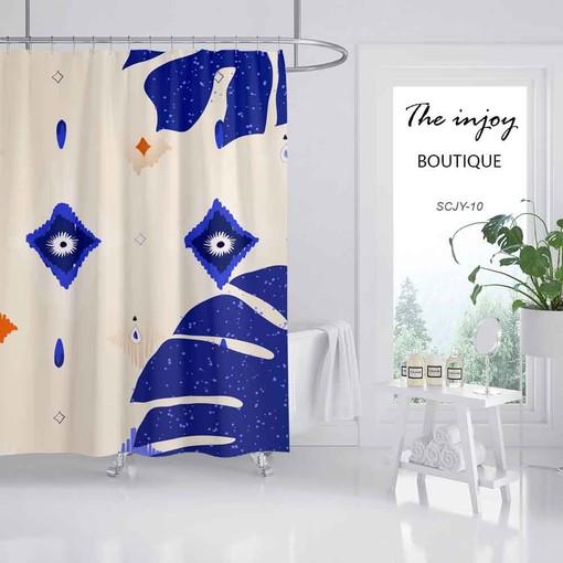 Abstract Blue Monstera Waterproof & Washable Shower Curtain for Customizable Bathroom Decor in Various Sizes - Image 2