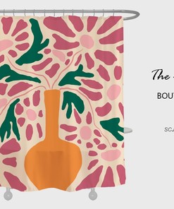 Abstract Floral Shower Curtain, Customizable Size, Pink Daisy and Vase Print