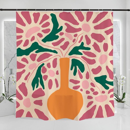 Abstract Floral Shower Curtain, Customizable Size, Pink Daisy and Vase Print - Image 2
