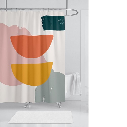 Abstract Geometric Pattern Shower Curtain, Pink and Orange Design, Waterproof Fabric Bath Curtain - Image 2