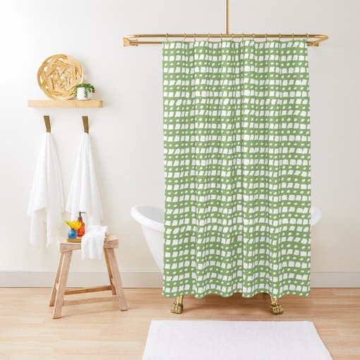 Abstract Green Shower Curtain - Eco-Friendly and Durable Design, Includes Hooks
