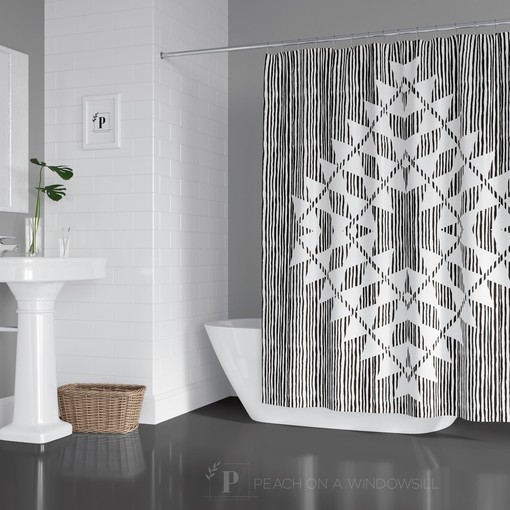 Abstract Modern Design Shower Curtain with Black and White Half Moon Striped Bathtub Curtain for Stylish Bathroom