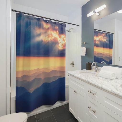 Abstract Mountain Landscape Shower Curtain with Serenity and Sunrise
