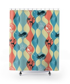 Abstract Retro Shower Curtain with 50's Black Cat Lovers Design