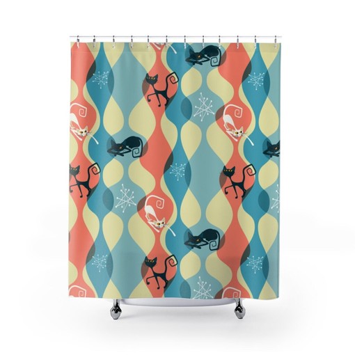 Abstract Retro Shower Curtain with 50's Black Cat Lovers Design