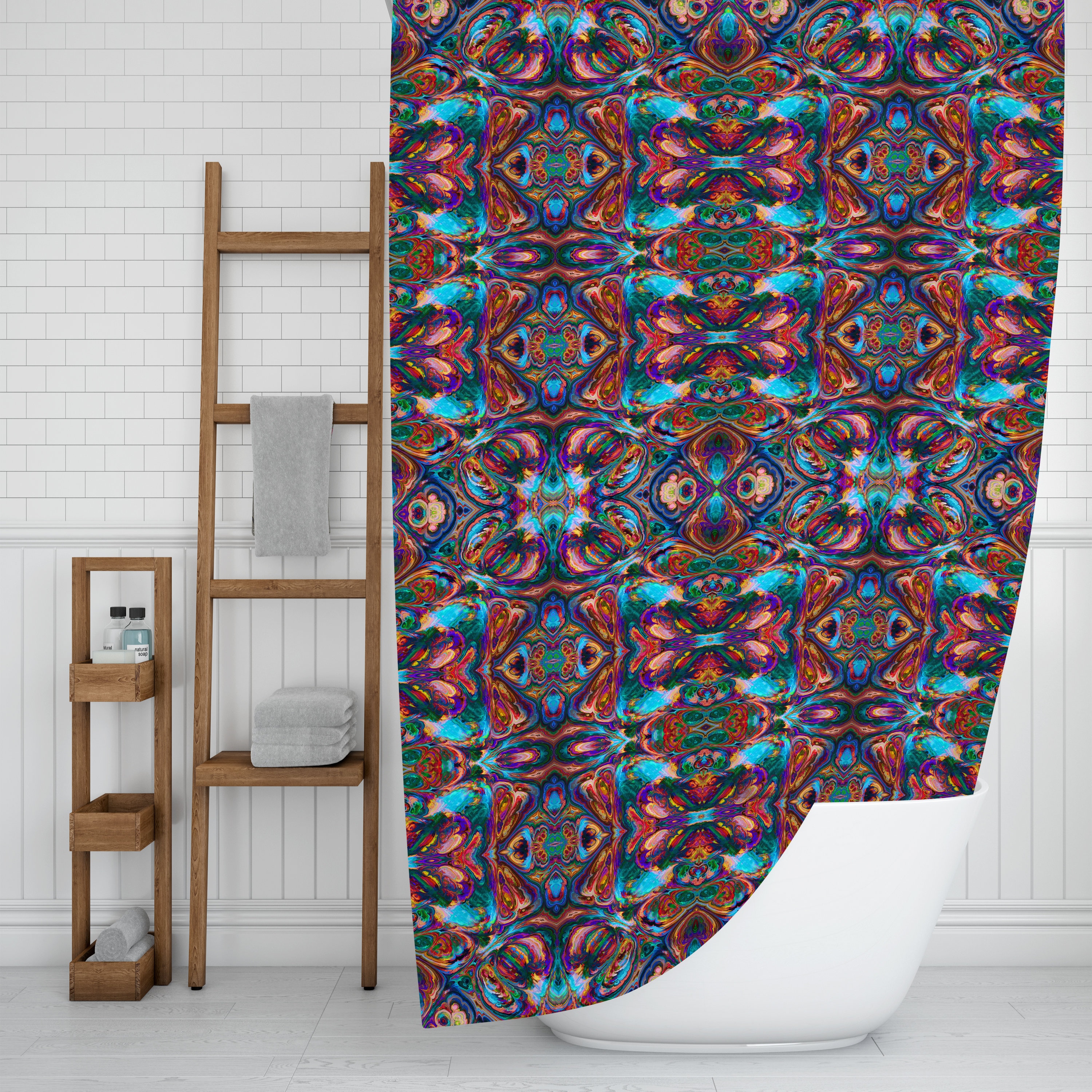 Abstract Shower Curtain Boho Maximalist Bathroom Decor with Colorful Print - Image 2