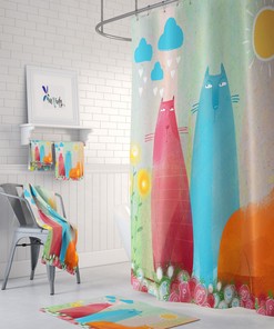 Add FolkNFunky Shower Curtain Set to Your Unique Bathroom Decor with Flossie's Cats Design