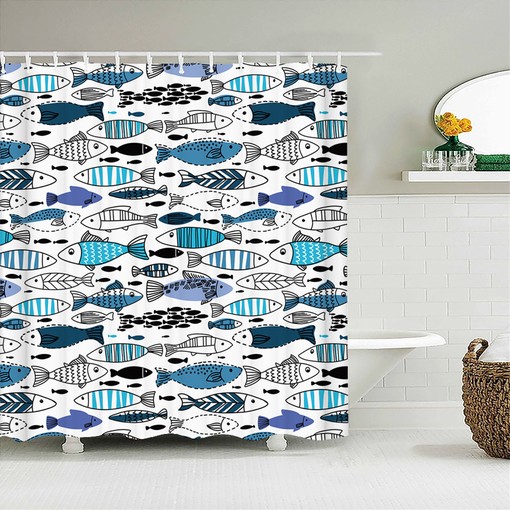 Add a Touch of Japan to Your Bathroom with Japanese Style Ocean Sea Fishes Shower Curtain, Blue White Fish Underwater