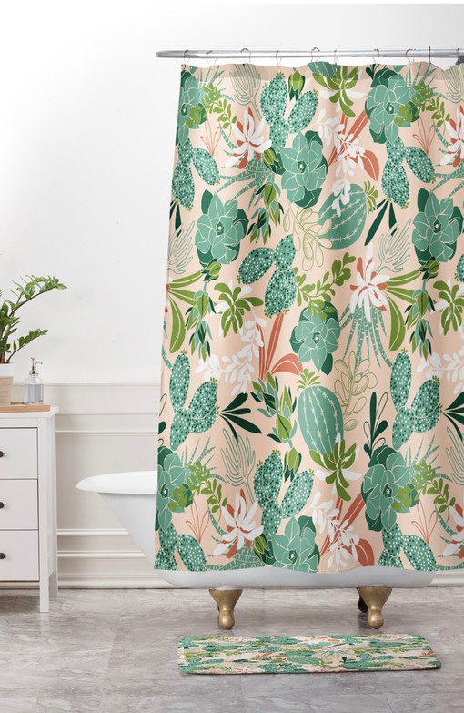 Adds a Touch of Nature with Succulent Garden Design and Pink Boho Shower Curtain for Bathroom Decor