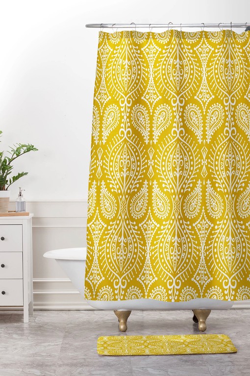Adds a Touch of Warmth with Moroccan Yellow Paisley Fabric Boho Shower Curtain for Bathroom Decor