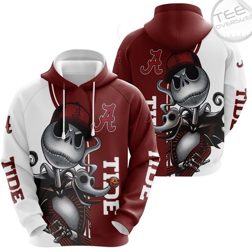Alabama Crimson Tide All Over Print 3D Hoodie with Jack Skellington and Zero for Men