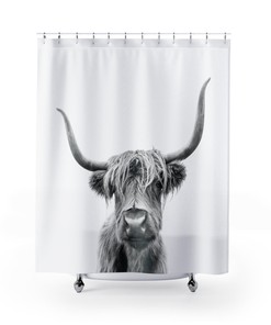 Animal Lover Highland Cow Black and White Nature Print Shower Curtain for Rustic Bathroom Decor