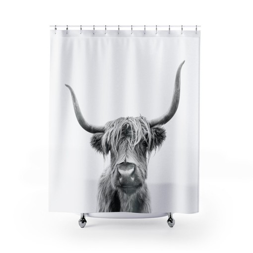Animal Lover Highland Cow Black and White Nature Print Shower Curtain for Rustic Bathroom Decor