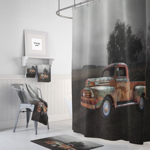 Antique Rusty Truck in Field Shower Curtain with Rustic Bath Set for Classic Bathroom Decor - Image 3