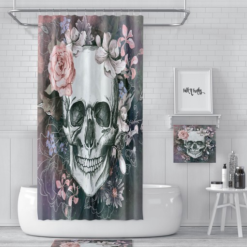 Antique Style Gray Sugar Skull Shower Curtain - Adds Elegance to Any Bathroom - Image 2