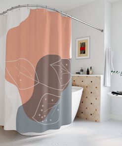 Apartment Bathroom Decor with Neutral Warm Earth Tones, Leaves Tropical Contemporary Abstract Art Shower Curtain or Mat