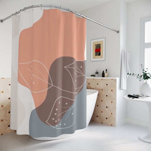 Apartment Bathroom Decor with Neutral Warm Earth Tones, Leaves Tropical Contemporary Abstract Art Shower Curtain or Mat