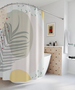 Apartment Leaves Tropical Contemporary Abstract Art Shower Curtain with Neutral Warm Earth Tones and Leaf Colors