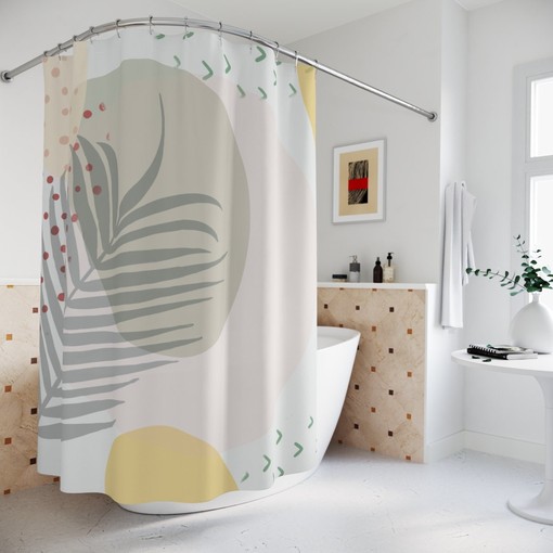 Apartment Leaves Tropical Contemporary Abstract Art Shower Curtain with Neutral Warm Earth Tones and Leaf Colors