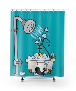 Aqua Blue Atomic Cat Retro Shower Curtain with Cute Decor