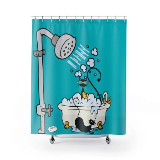 Aqua Blue Atomic Cat Retro Shower Curtain with Cute Decor - Image 3