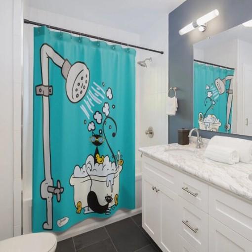 Aqua Blue Atomic Cat Retro Shower Curtain with Cute Decor - Image 4