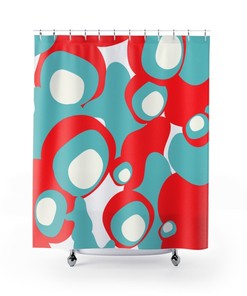 Aqua Blue, Red, and White Retro Shower Curtain with MCM Style