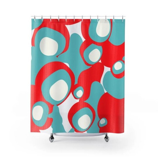 Aqua Blue, Red, and White Retro Shower Curtain with MCM Style - Image 2