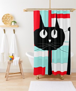 Aqua Blue and Red Retro Cat Mid Century Modern Shower Curtain for a Kitschy Look