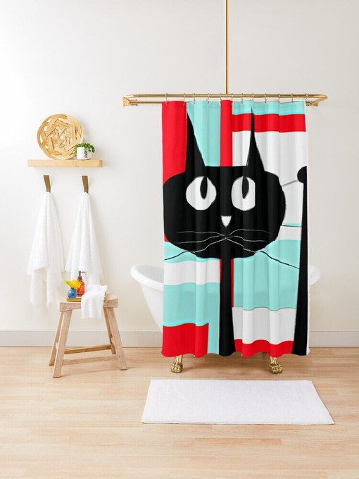 Aqua Blue and Red Retro Cat Mid Century Modern Shower Curtain for a Kitschy Look - Image 3