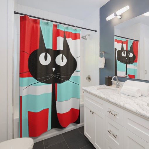 Aqua Blue and Red Retro Cat Mid Century Modern Shower Curtain for a Kitschy Look - Image 4
