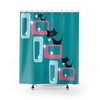 Aqua Blue and Red Retro Shower Curtain with Atomic Cat Sexton Design for MCM Flair