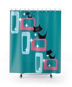 Aqua Blue and Red Retro Shower Curtain with Atomic Cat Sexton Design for MCM Flair