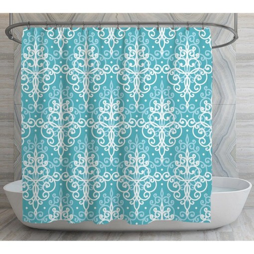 Aqua Damask Shower Curtain | Blue Vintage Damask Bath Decor | Bathroom Curtains
