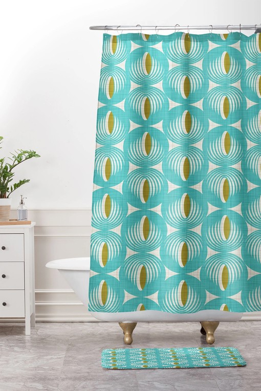Aqua Geometric Shower Curtain | Retro Mid Century Bath Decor | Restroom Shower Curtains Decorative