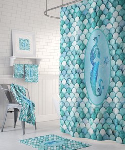 Aqua Mermaid Shower Curtain with Scales Pattern, Bring the Oceanic Feel to Your Bathroom | blue shower curtains