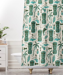Aqua Tiki Shower Curtain | Hawaiian Print Tropical Tiki Theme | Mid Century Modern Retro Bath Decor