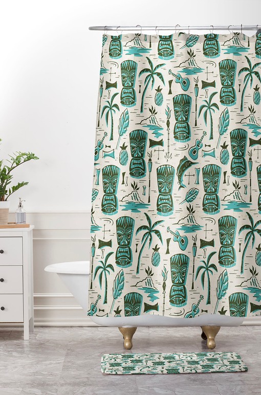 Aqua Tiki Shower Curtain | Hawaiian Print Tropical Tiki Theme | Mid Century Modern Retro Bath Decor