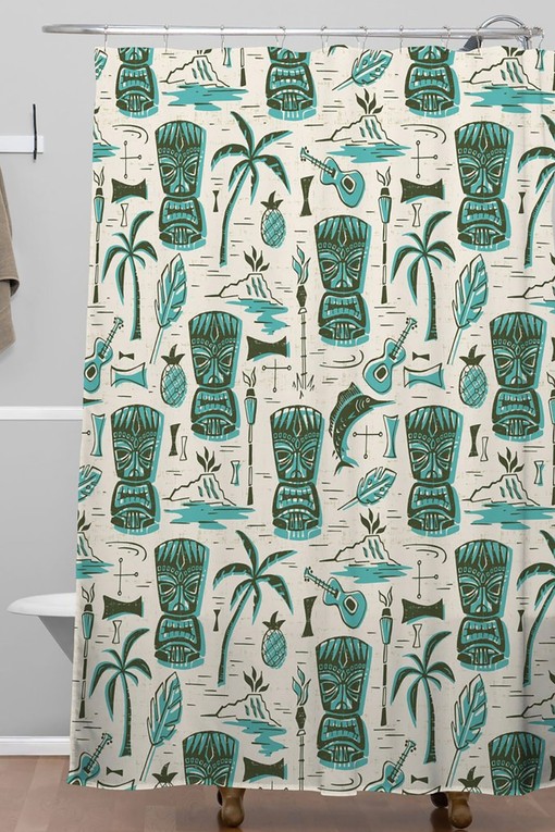 Aqua Tiki Shower Curtain | Hawaiian Print Tropical Tiki Theme | Mid Century Modern Retro Bath Decor - Image 2