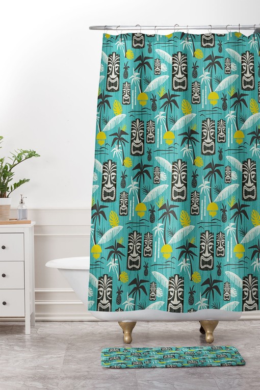 Aqua Tiki Shower Curtain | Retro Hawaiian Mid Century Bath Decor | Best Shower Curtains