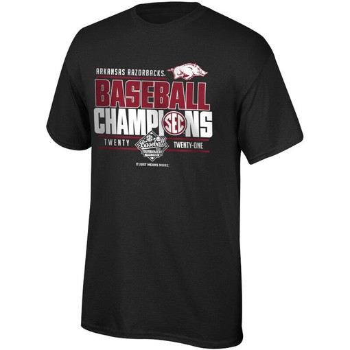 Arkansas Razorbacks 2021 SEC Baseball Tournament Champs Locker Room Short Sleeve T-Shirt with Retro NCAA Logo