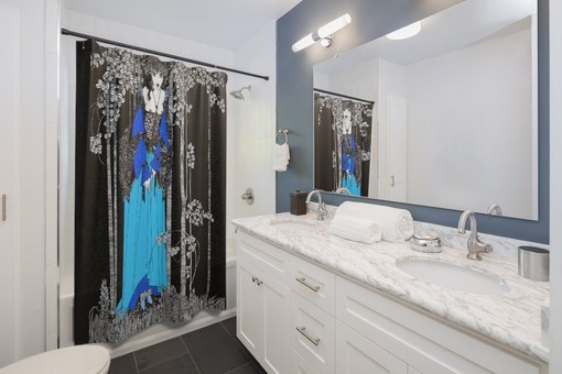 Art Nouveau Aubrey Beardsley Drawing Blue Tint Shower Curtain - Image 2