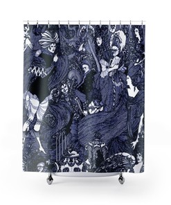 Art Nouveau Aubrey Beardsley Drawing Shower Curtain | Blue Tint Bathroom Decor + Quotes