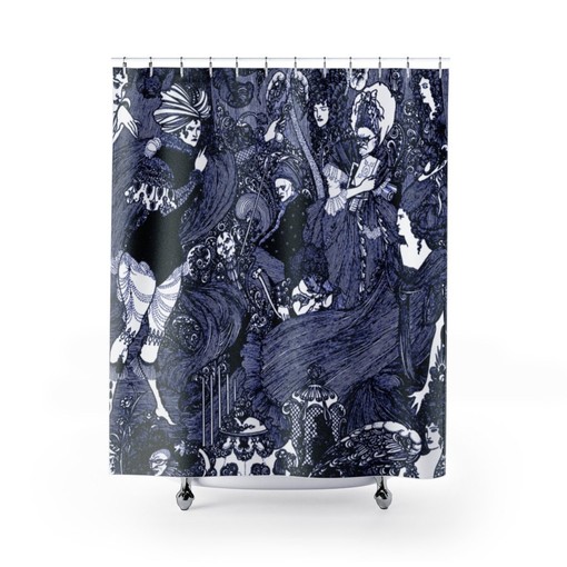 Art Nouveau Aubrey Beardsley Drawing Shower Curtain | Blue Tint Bathroom Decor + Quotes