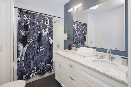 Art Nouveau Aubrey Beardsley Drawing Shower Curtain | Blue Tint Bathroom Decor + Quotes - Image 2