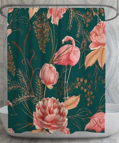 Art Nouveau Peony Patterned Shower Curtain with Flamingo Design for Your Vintage Bathroom