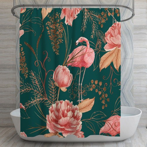 Art Nouveau Peony Patterned Shower Curtain with Flamingo Design for Your Vintage Bathroom